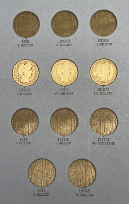 Barber Dimes WHOLESALE LOT OF 5 PARTIAL SETS IN FOLDERS, LIN 1C, BUFF 5C X2, BARBER 10C & 25C