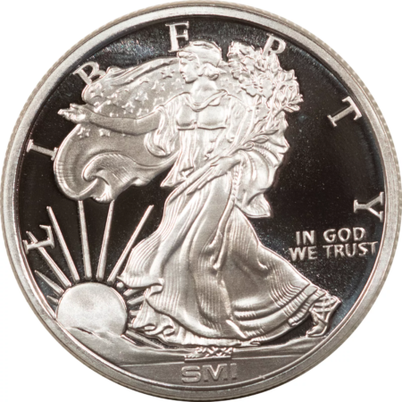 Bullion 1 TROY OZ .999 FINE SILVER SMI WALKING LIBERTY ROUND, BRAND NEW, BRILLIANT PROOF