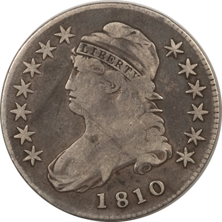 Early Halves 1810 CAPPED BUST HALF DOLLAR, O-106, R-4 – CIRCULATED!