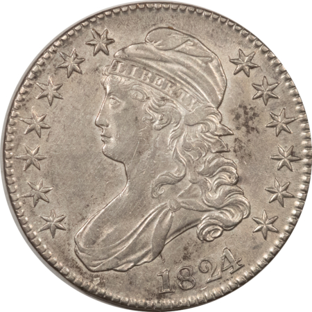 Early Halves 1824 CAPPED BUST HALF DOLLAR – NICE HIGH GRADE EXAMPLE, BUT LIGHT OLD CLEANING!