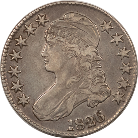 Early Halves 1826 CAPPED BUST HALF DOLLAR – HIGH GRADE EXAMPLE, LIGHT OLD CLEANING!