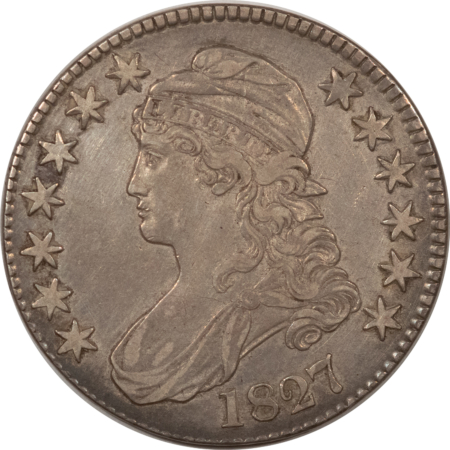 Early Halves 1827 CAPPED BUST HALF DOLLAR, SQUARE BASE 2 – HIGH GRADE EXAMPLE, OLD CLEANING!