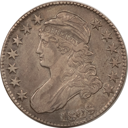 Early Halves 1828 CAPPED BUST HALF DOLLAR, SQ BASE 2, LG 8 HIGH GRADE CIRCULATED, BUT CLEANED