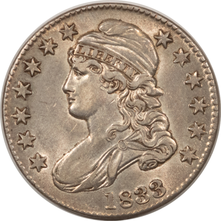 Early Halves 1833 CAPPED BUST HALF DOLLAR, HIGH GRADE EXAMPLE WITH LUSTER, LIGHT OBVERSE WIPE