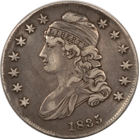 Early Halves 1835 CAPPED BUST HALF DOLLAR – HIGH GRADE CIRCULATED EXAMPLE, OLD CLEANING!