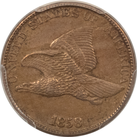 Flying Eagle 1858/7 “STRONG” OVERDATE FLYING EAGLE CENT, PCGS AU-53, A VERY SCARCE COIN!