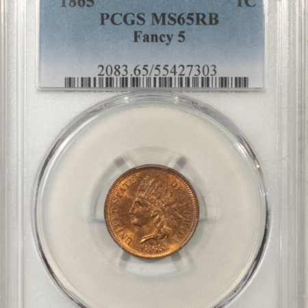 Indian 1865 INDIAN CENT, FANCY 5 – PCGS MS-65 RB, BLAZING GEM, NEAR RED!