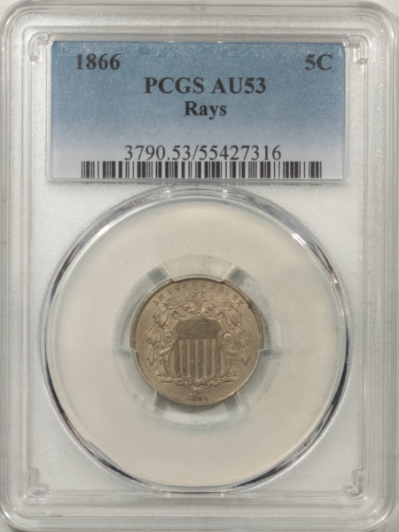 New Certified Coins 1866 SHIELD NICKEL, RAYS – PCGS AU-53