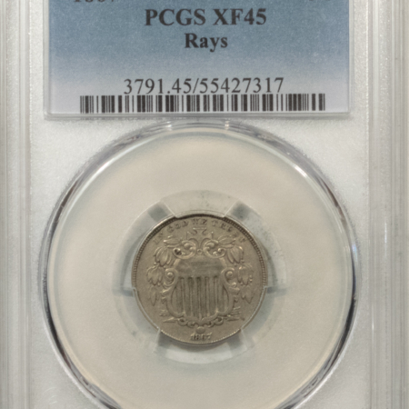 New Certified Coins 1867 SHIELD NICKEL, RAYS – PCGS XF-45