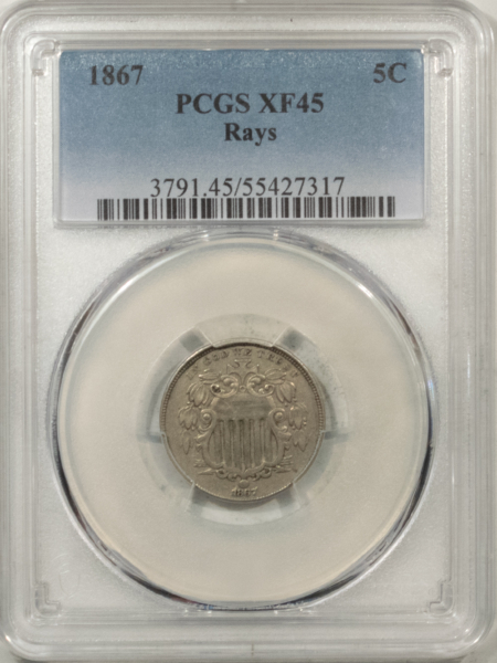 New Certified Coins 1867 SHIELD NICKEL, RAYS – PCGS XF-45