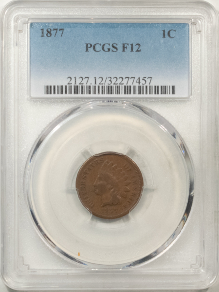 Indian KEY-DATE 1877 INDIAN CENT, PCGS FINE-12; PERFECT CHOCOLATE BROWN, FULL “LIBERTY”