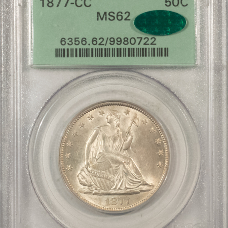 CAC Approved Coins 1877-CC SEATED LIBERTY HALF DOLLAR – PCGS MS-62 CAC, OLD GREEN HOLDER! PQ++