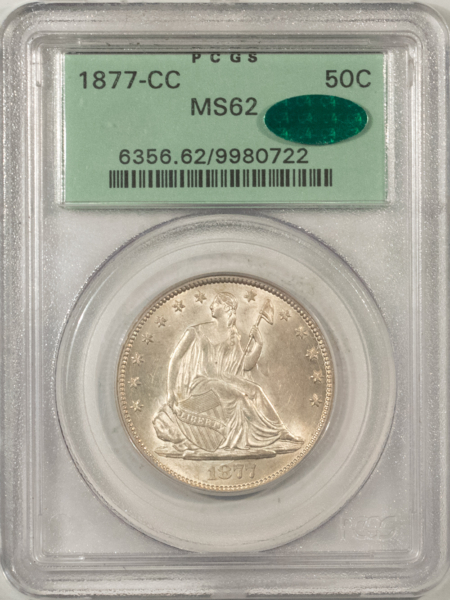 CAC Approved Coins 1877-CC SEATED LIBERTY HALF DOLLAR – PCGS MS-62 CAC, OLD GREEN HOLDER! PQ++