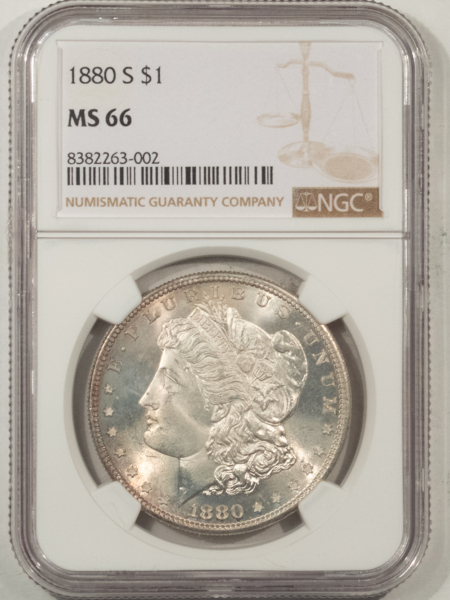 Morgan Dollars 1880-S $1 MORGAN DOLLAR – NGC MS-66, FRESH AND ATTRACTIVE, LOOKS SUPERB!