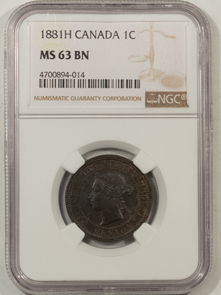 New Certified Coins CANADA 1881-H VICTORIA 1 c, NGC MS-63 BN; CHOICE CLEAN SURFACES, TRACES OF RED!