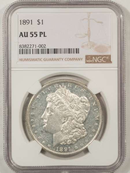 Morgan Dollars 1891 $1 MORGAN DOLLAR – NGC AU-55 PL, SCARCE IN PROOFLIKE, LOOKS DMPL!