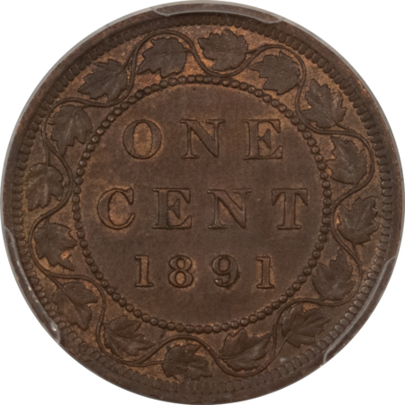 New Certified Coins CANADA 1891 LARGE DATE-LARGE LEAVES VICTORIA 1c, PCGS MS-63 BN, TRACES OF RED!