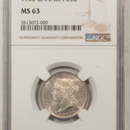 New Certified Coins CANADA 1900 TWENTY FIVE CENTS 25C, KM-5 – NGC MS-63, VICTORIA, CHOICE & SCARCE!