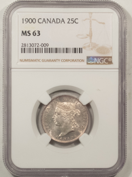 New Certified Coins CANADA 1900 TWENTY FIVE CENTS 25C, KM-5 – NGC MS-63, VICTORIA, CHOICE & SCARCE!