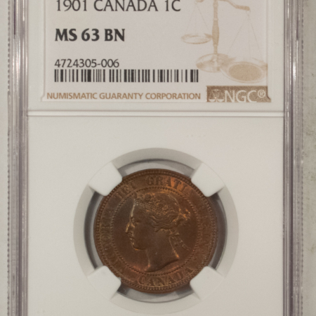 New Certified Coins CANADA 1901 LARGE CENT, KM-7 – NGC MS-63 BN