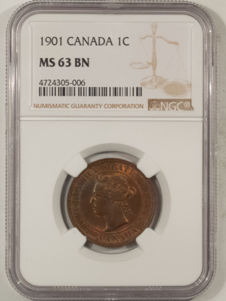 New Certified Coins CANADA 1901 LARGE CENT, KM-7 – NGC MS-63 BN