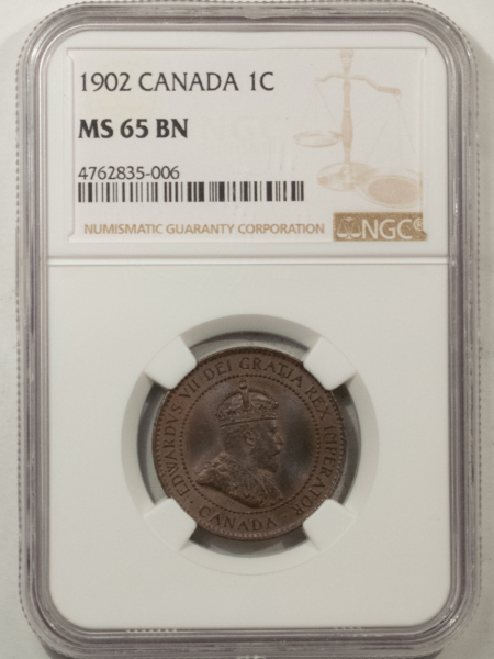 New Certified Coins CANADA 1902 CENT KM-8 – NGC MS-65 BN, GORGEOUS AND PREMIUM QUALITY GEM!