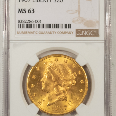 $20 1907 $20 LIBERTY GOLD DOUBLE EAGLE – NGC MS-63, FLASHY, CHOICE! LAST YEAR!