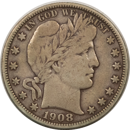 Barber Halves 1908-O BARBER HALF DOLLAR – VERY NICE HIGH GRADE CIRCULATED EXAMPLE FULL LIBERTY