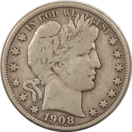 Barber Halves 1908-S BARBER HALF DOLLAR – NICE HIGH GRADE CIRCULATED EXAMPLE, FULL LIBERTY!