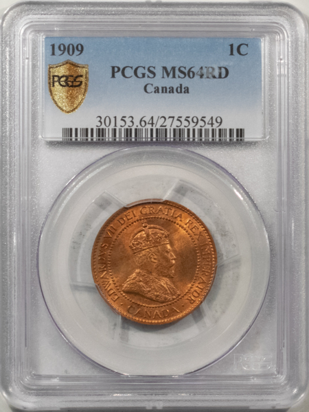 New Certified Coins CANADA 1909 CENT KM-8 – PCGS MS-64 RD, BLAZING RED & PREMIUM QUALITY!