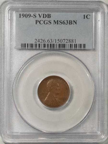 Lincoln Cents (Wheat) KEY-DATE 1909-S VDB LINCOLN CENT, PCGS MS-63 BN; GREAT FRESHNESS, UNDERLYING RED