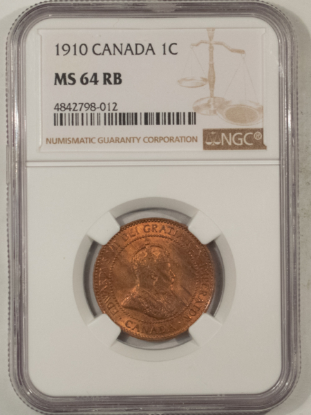 New Certified Coins CANADA 1910 LARGE CENT, KM-8 – NGC MS-64 RB