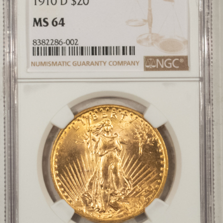 $20 1910-D $20 ST GAUDENS GOLD DOUBLE EAGLE – NGC MS-64, FLASHY, LOWER MINTAGE!