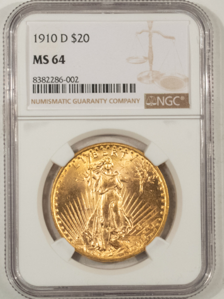 $20 1910-D $20 ST GAUDENS GOLD DOUBLE EAGLE – NGC MS-64, FLASHY, LOWER MINTAGE!