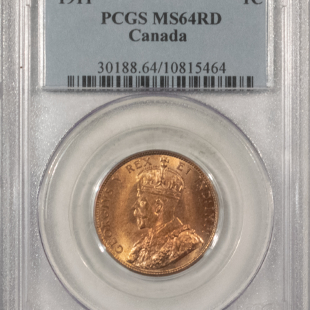 New Certified Coins CANADA 1911 LARGE CENT, KM-21 – PCGS MS-64 RD, FULL BLAZING RED!