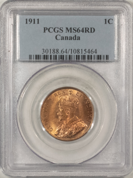 New Certified Coins CANADA 1911 LARGE CENT, KM-21 – PCGS MS-64 RD, FULL BLAZING RED!