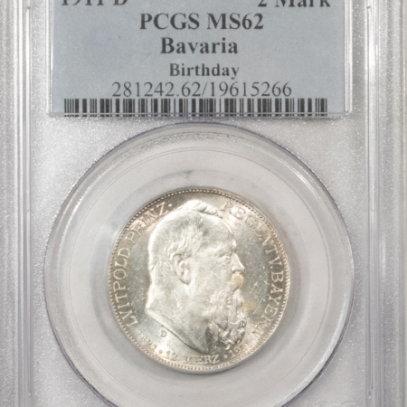 New Certified Coins 1911-D GERMAN STATES – BAVARIA SILVER 2 MARK, BIRTHDAY – PCGS MS-62, LUSTROUS