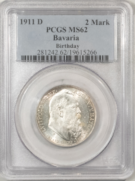 New Certified Coins 1911-D GERMAN STATES – BAVARIA SILVER 2 MARK, BIRTHDAY – PCGS MS-62, LUSTROUS