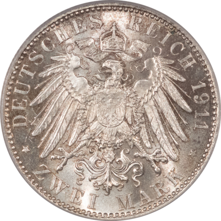 New Certified Coins 1911-D GERMAN STATES – BAVARIA SILVER 2 MARK, BIRTHDAY – PCGS MS-62, LUSTROUS