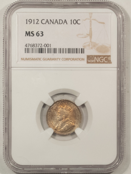 New Certified Coins CANADA 1912 10c, KM-23 – NGC MS-63, GORGEOUS COLOR!