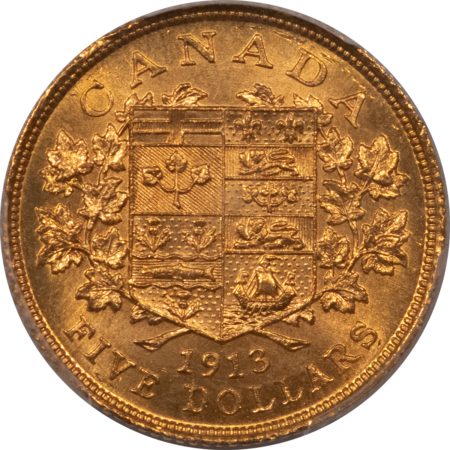 New Certified Coins CANADA 1913 GOLD $5, KM-26, .2419 AGW – PCGS MS-64, TOUGH AND NICE!