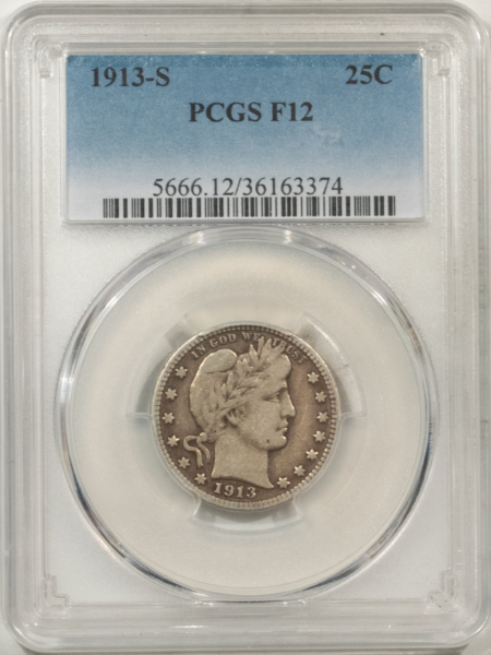 Barber Quarters 1913-S BARBER QUARTER – PCGS F-12, KEY-DATE! 40,000 MINTAGE!