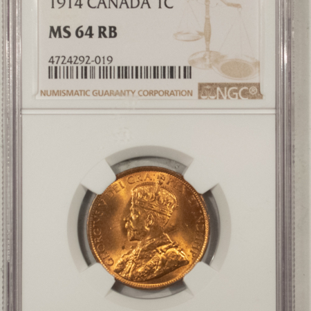 New Certified Coins CANADA 1914 LARGE CENT, KM-21 – NGC MS-64 RB, PREMIUM QUALITY! LOOKS FULL RED!