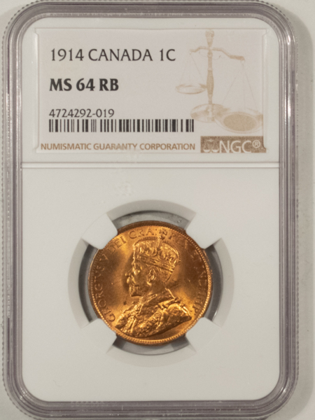 New Certified Coins CANADA 1914 LARGE CENT, KM-21 – NGC MS-64 RB, PREMIUM QUALITY! LOOKS FULL RED!