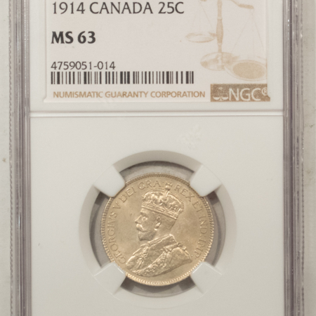 New Certified Coins CANADA 1914 TWENTY FIVE CENTS 25C, KM-24 – NGC MS-63, CHOICE RARE DATE, GEORGE V