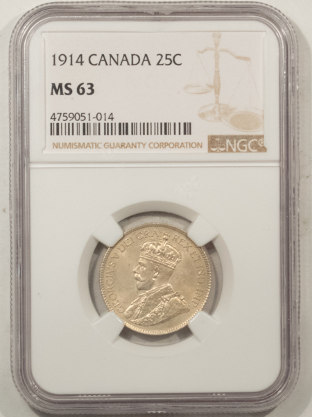 New Certified Coins CANADA 1914 TWENTY FIVE CENTS 25C, KM-24 – NGC MS-63, CHOICE RARE DATE, GEORGE V