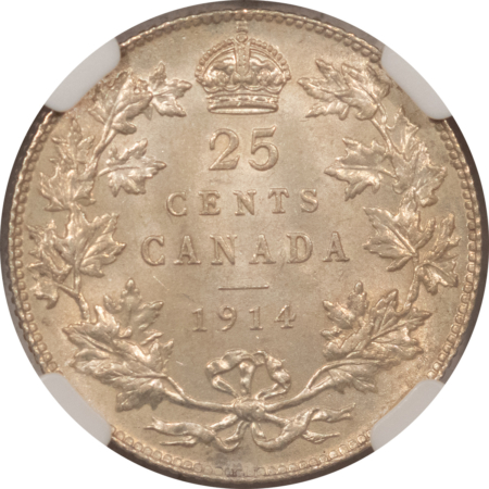 New Certified Coins CANADA 1914 TWENTY FIVE CENTS 25C, KM-24 – NGC MS-63, CHOICE RARE DATE, GEORGE V