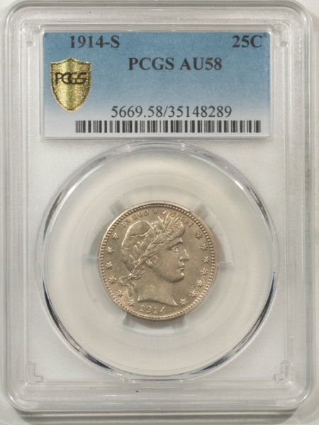 Barber Quarters 1914-S BARBER QUARTER – PCGS AU-58, FLASHY, EXTREMELY TOUGH!