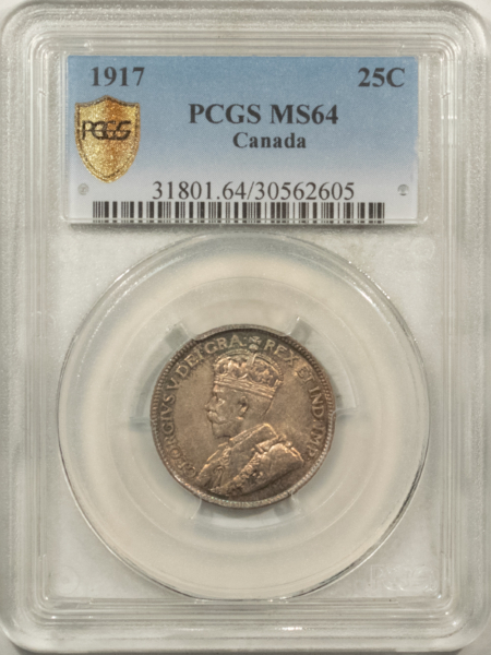 New Certified Coins CANADA 1917 TWENTY FIVE CENTS 25C, KM-24 – PCGS MS-64, FRESH & PRETTY! GEORGE V