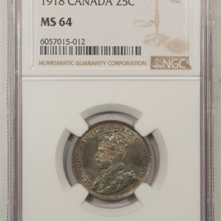 New Certified Coins CANADA 1918 GEORGE V 25c, NGC MS-64 PQ-COMES WITH AN ORIGINAL ICCS MS-65 INSERT!